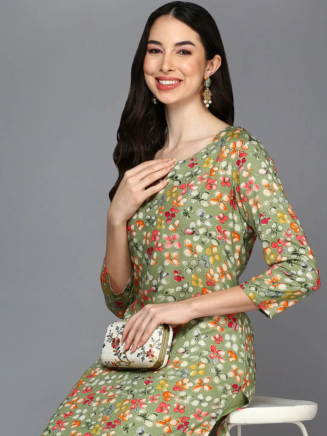 Green Ethnic Printed Kurta | Viscose Rayon Indian Kurta Online