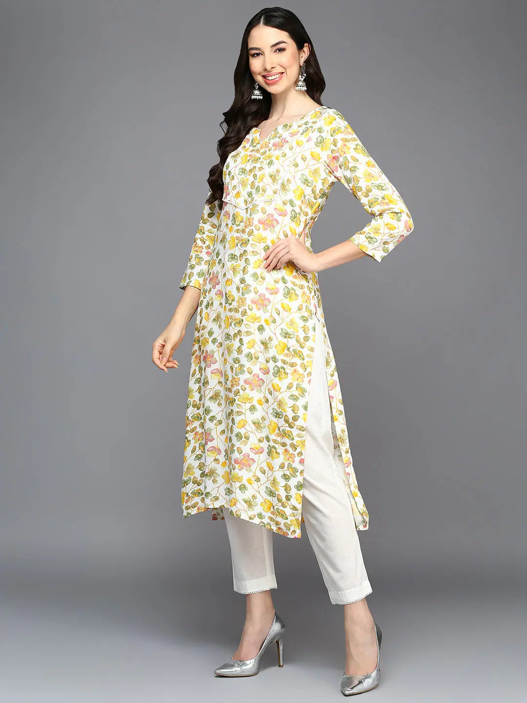White Floral Kurta - Viscose Rayon Indian Kurta for Ladies