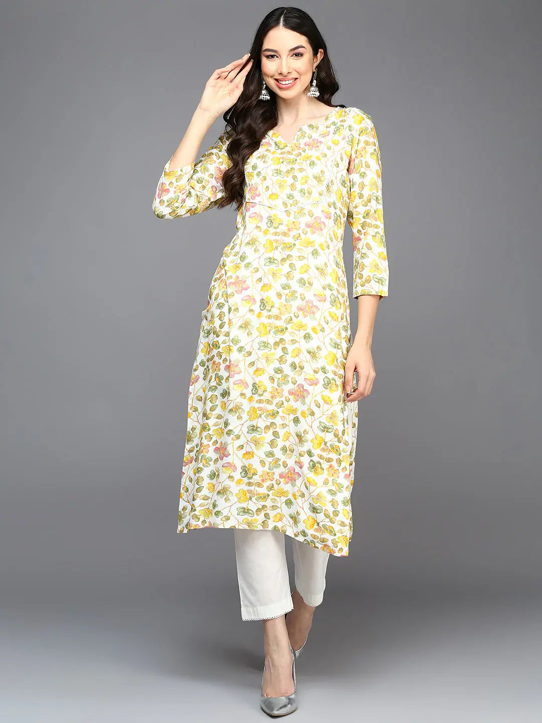 Viscose Rayon White Floral Printed Straight Kurta-VCK9411