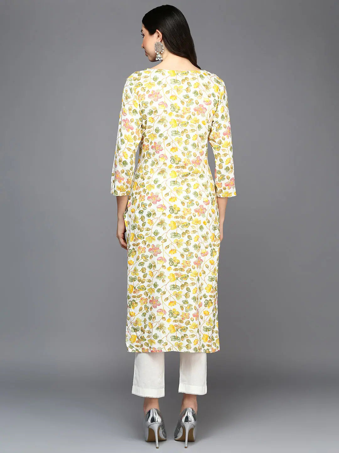 White Floral Kurta - Viscose Rayon Indian Kurta for Ladies