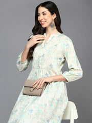 Cotton Blend Off White Floral Printed Flared Kurta-VCK9418