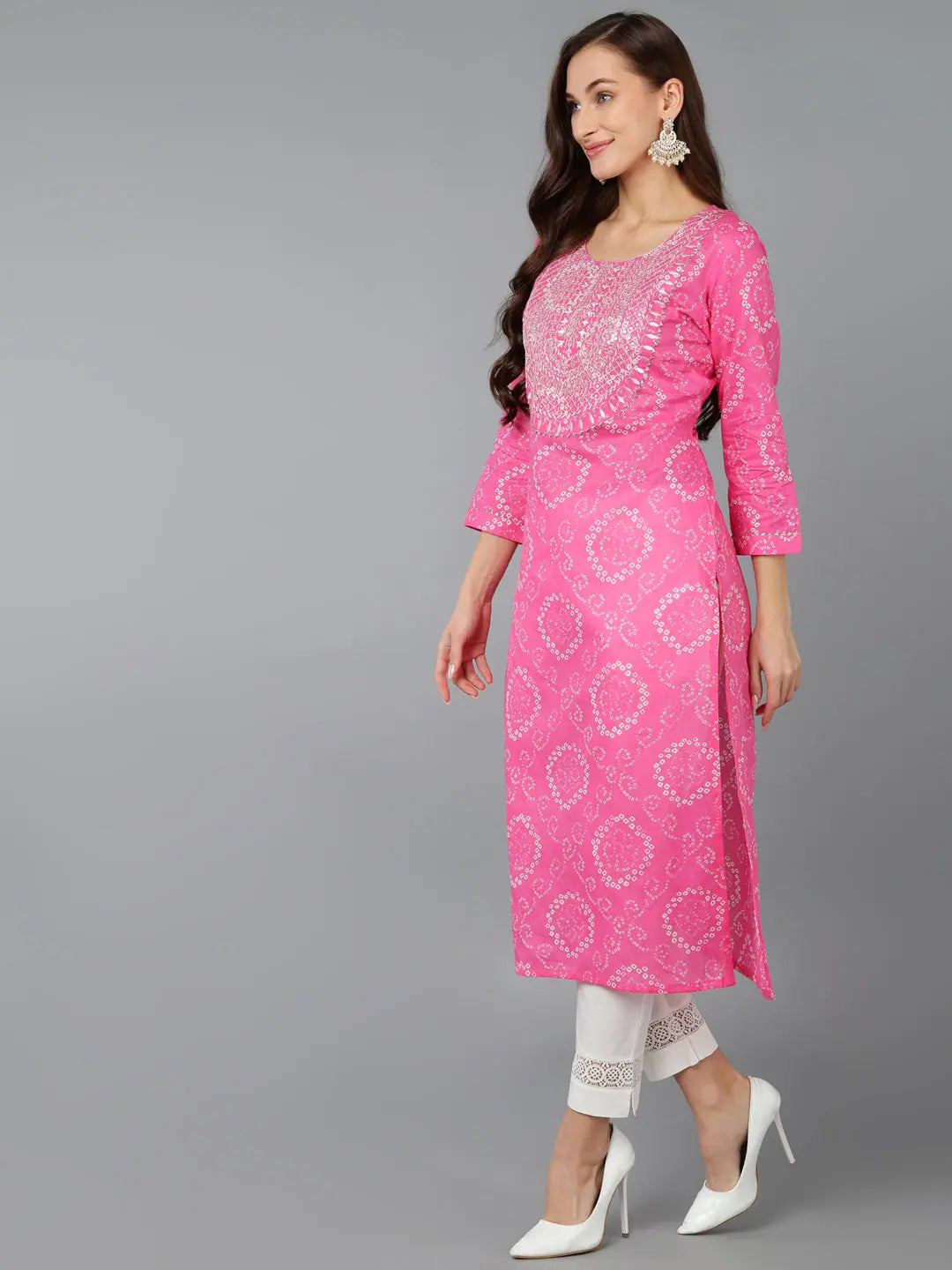 Cotton Embroidered Bandhani Kurti - Indian Kurta Ladies