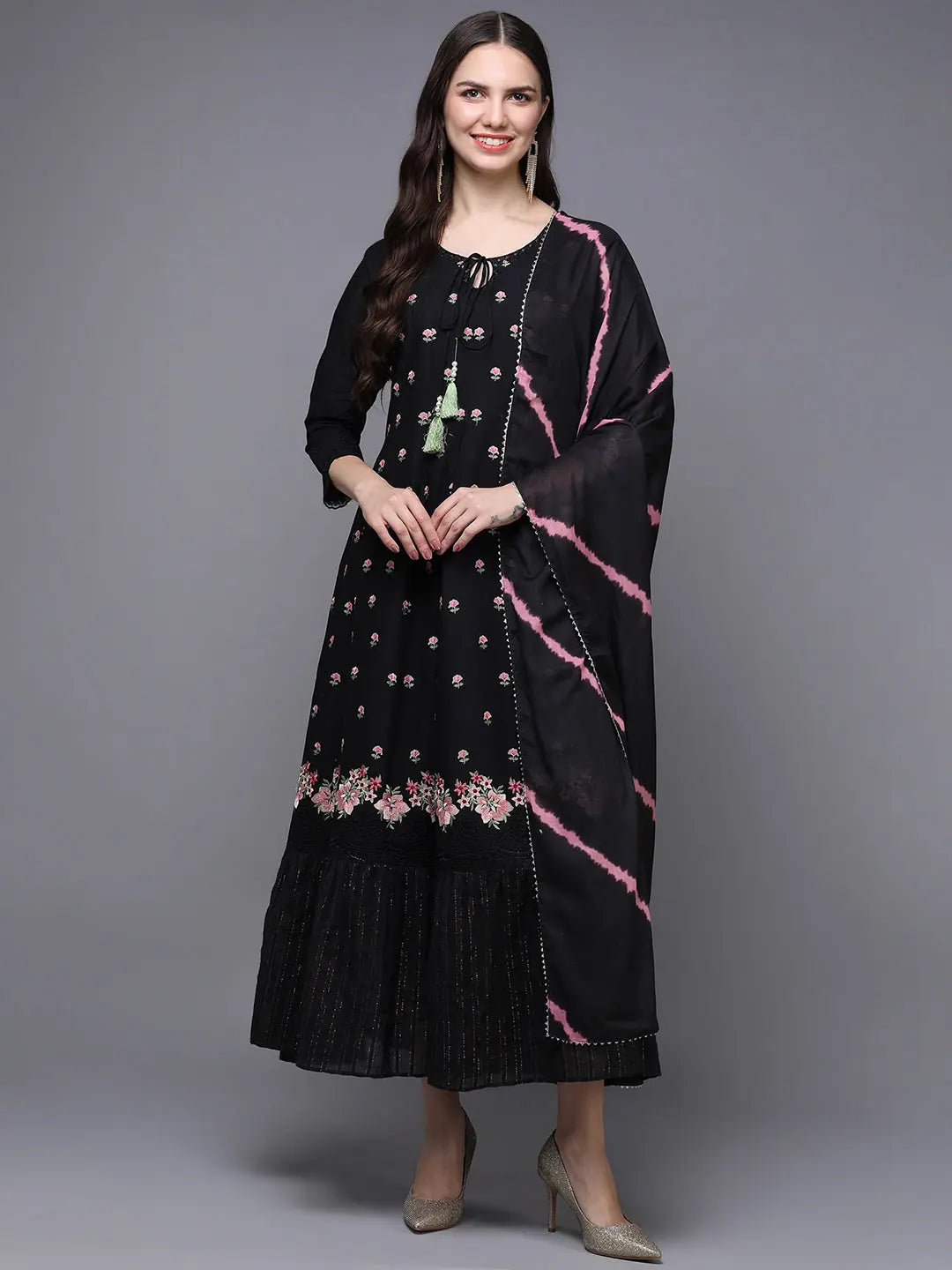 Cotton Black Embroidered Flared Kurta