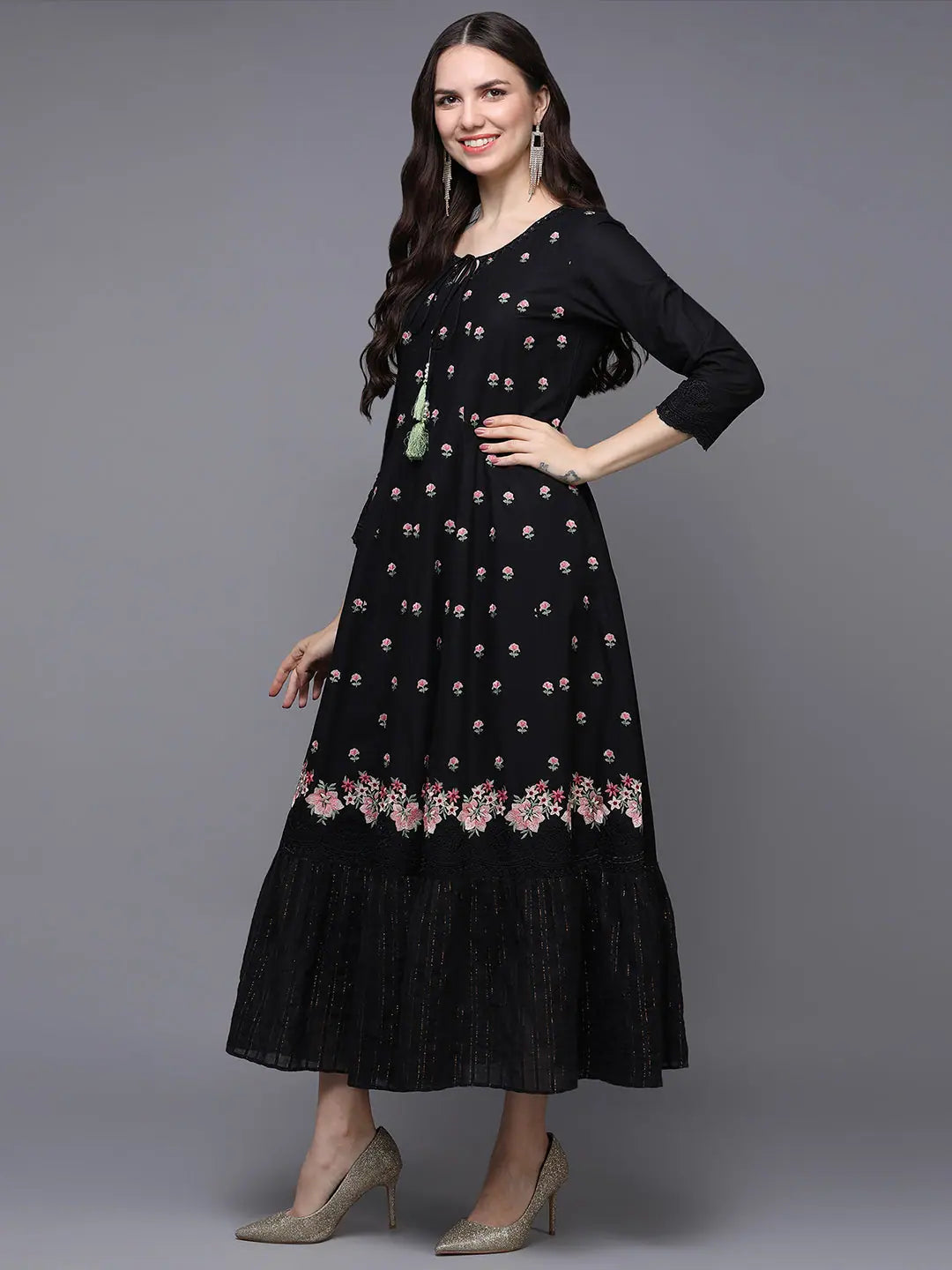 Black Embroidered Flared Indian Kurta for Women | Vaamsi