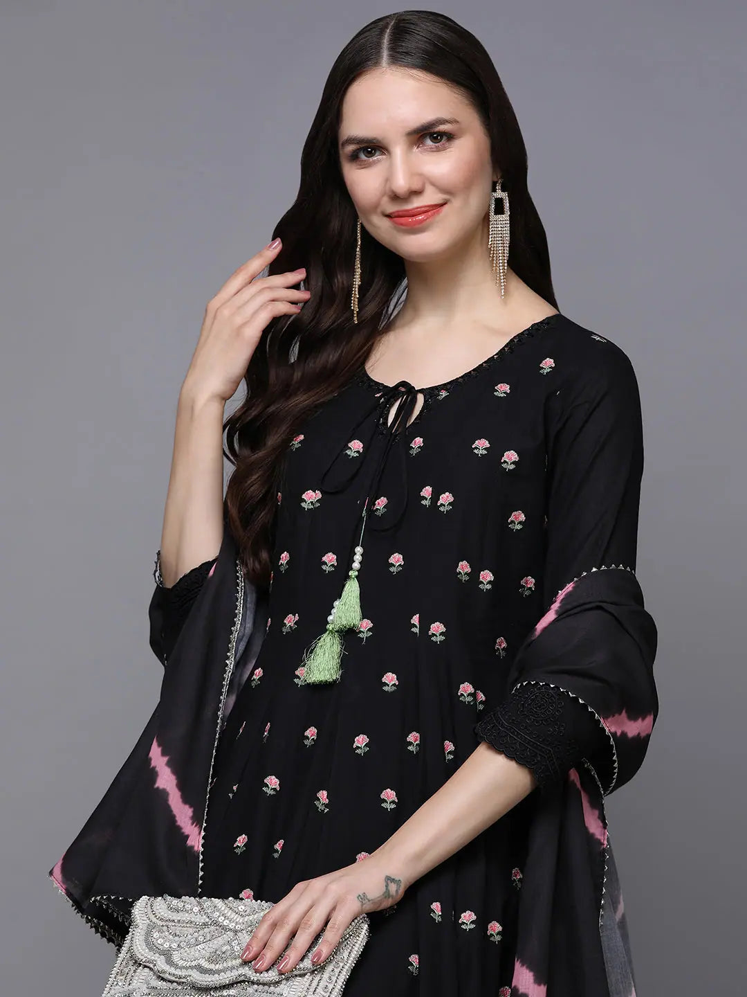 Black Embroidered Flared Indian Kurta for Women | Vaamsi