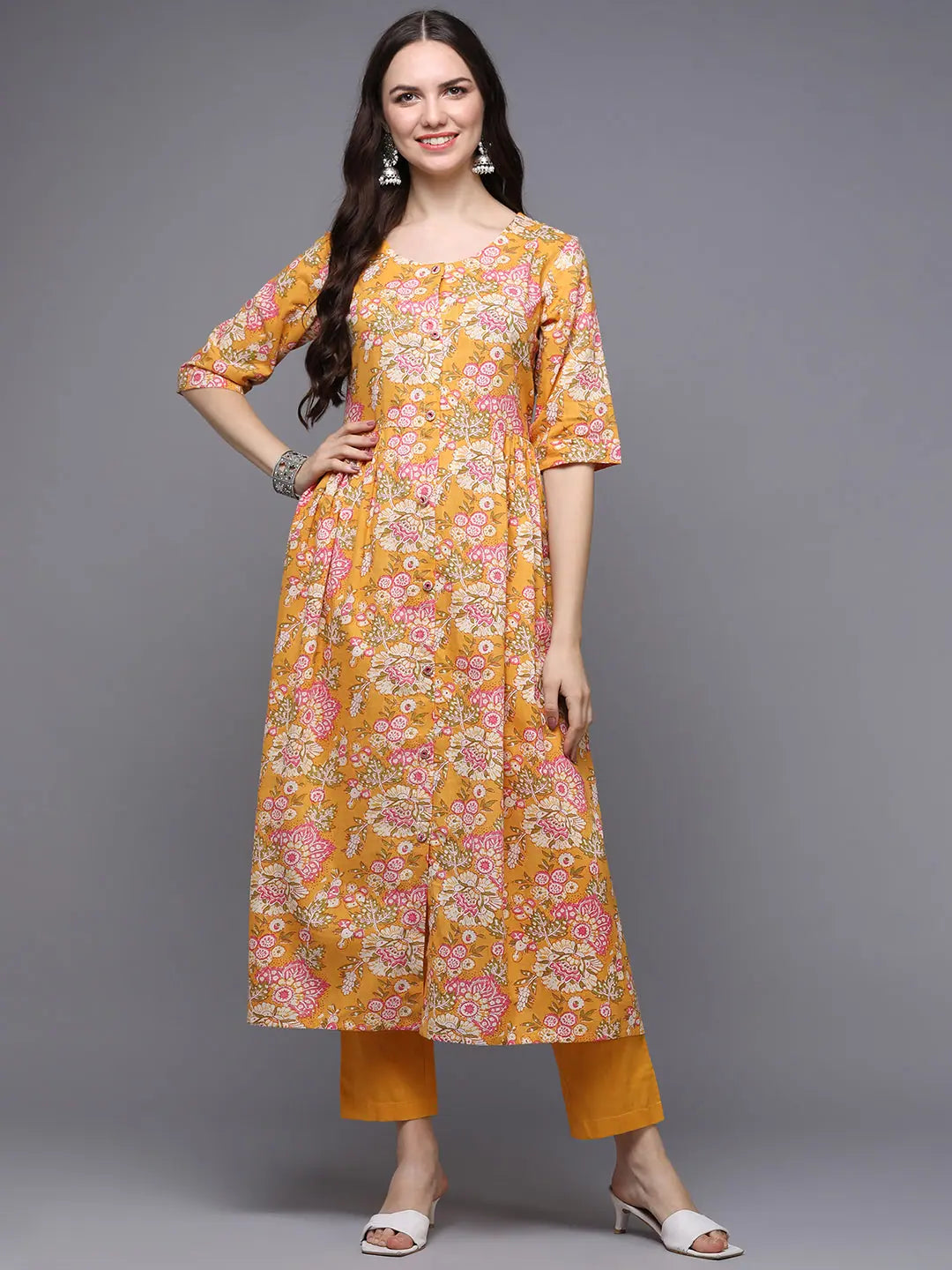Yellow Floral Cotton Flared Kurta - Indian Kurta for Women