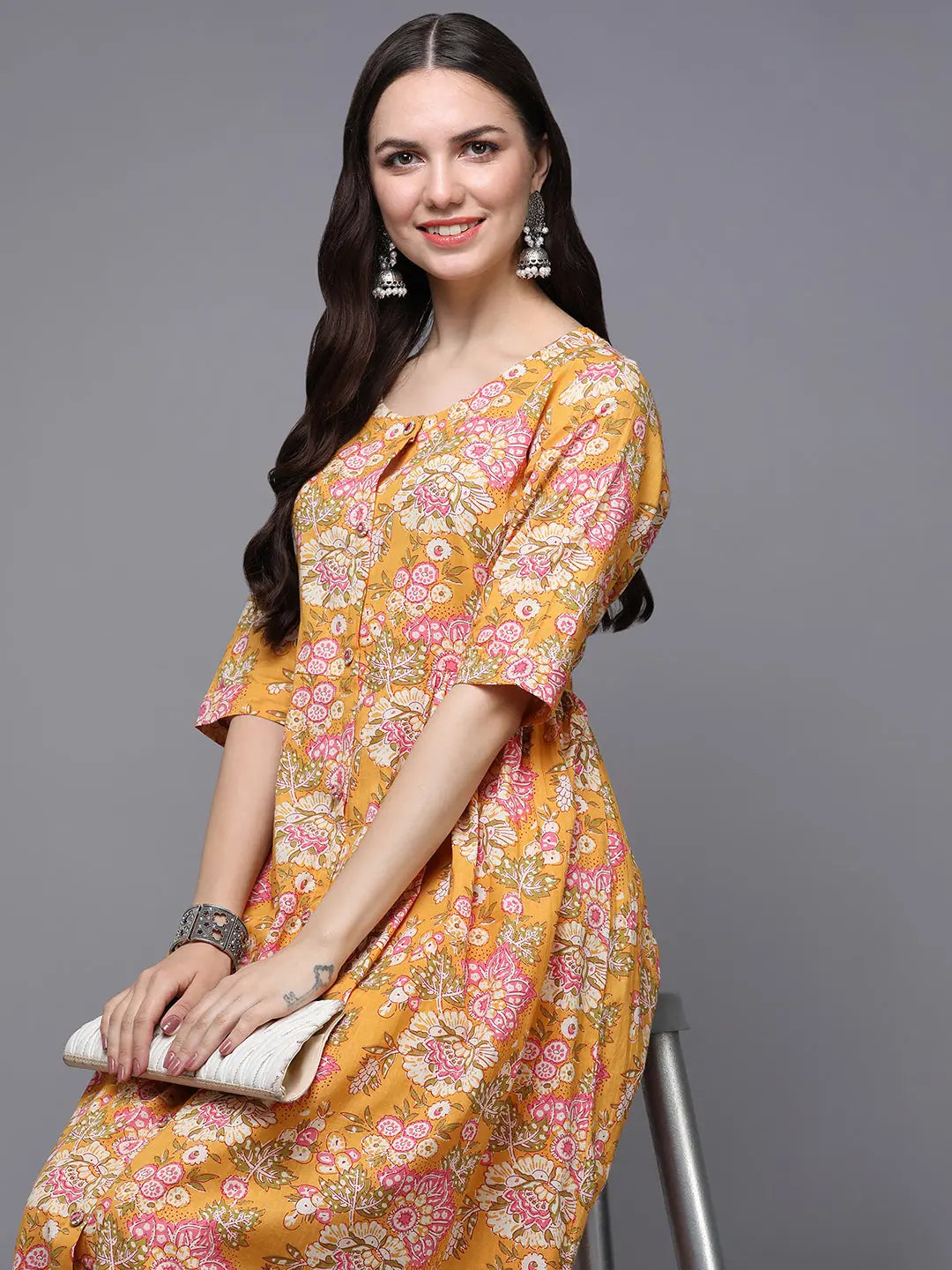 Yellow Floral Cotton Flared Kurta - Indian Kurta for Women