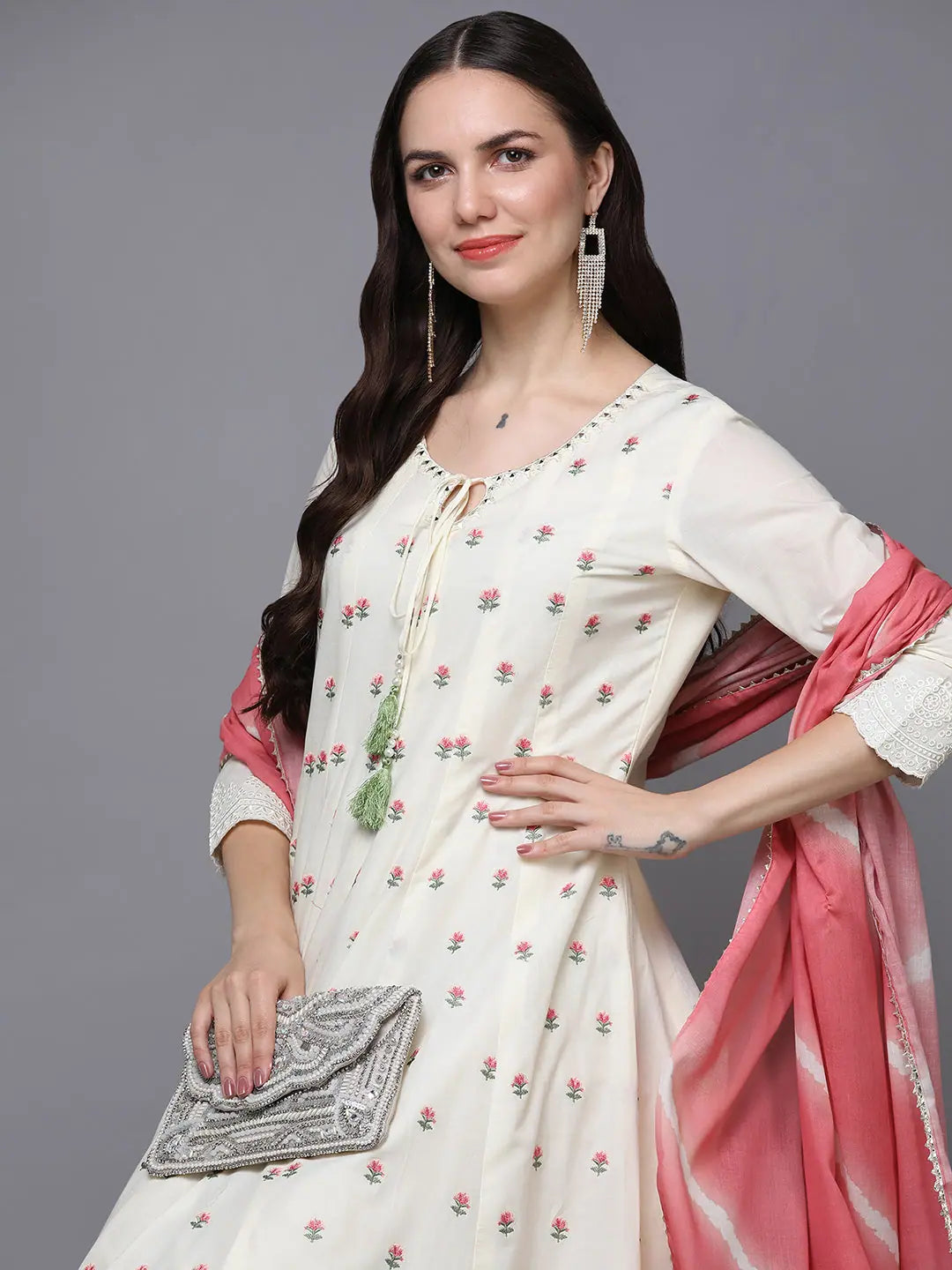 Off White Embroidered Cotton Kurta - Indian Kurta Ladies