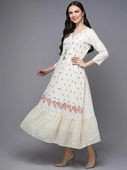 Off White Cotton Embroidered Flared