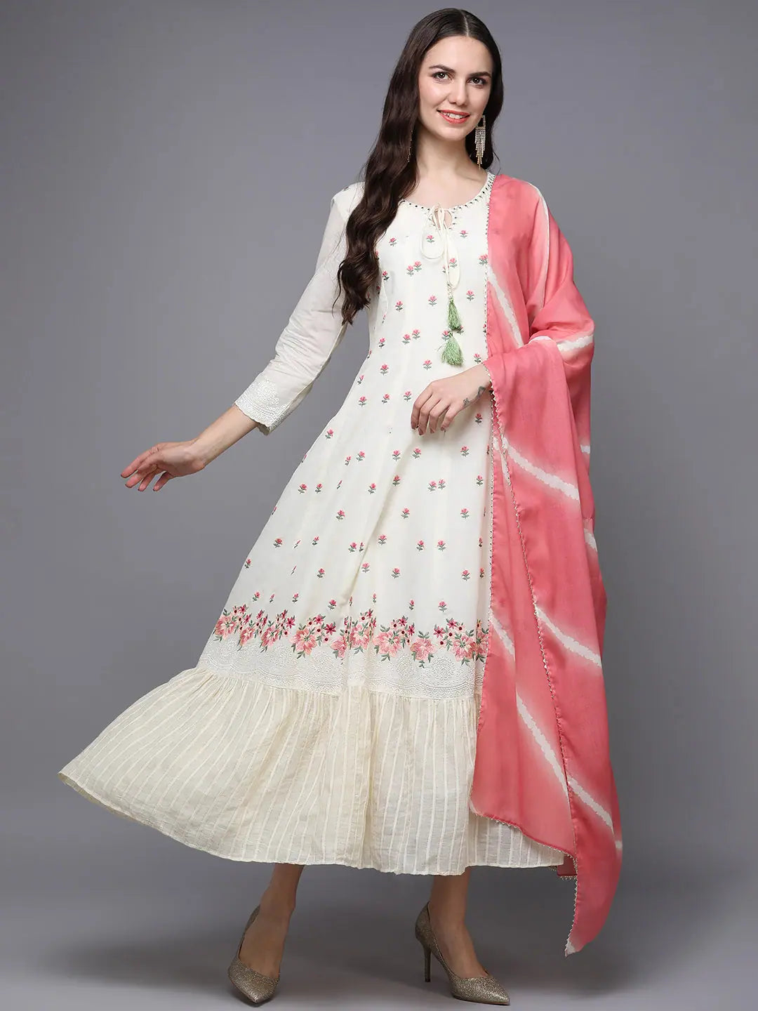 Off White Cotton Embroidered Flared