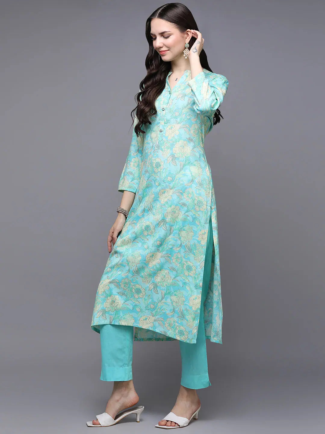 Turquoise Floral Kurta - Viscose Rayon Indian Kurta Ladies