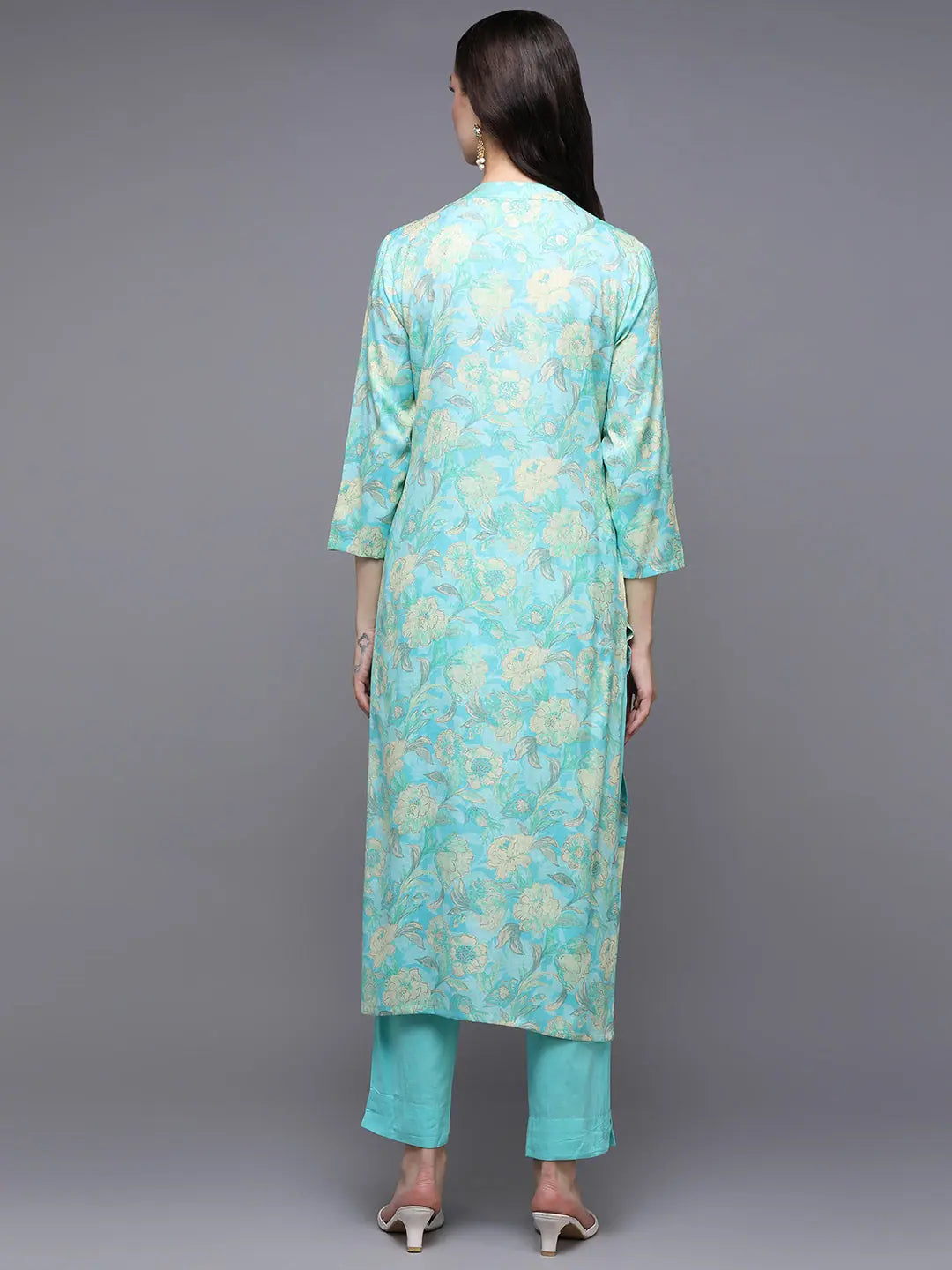 Turquoise Floral Kurta - Viscose Rayon Indian Kurta Ladies