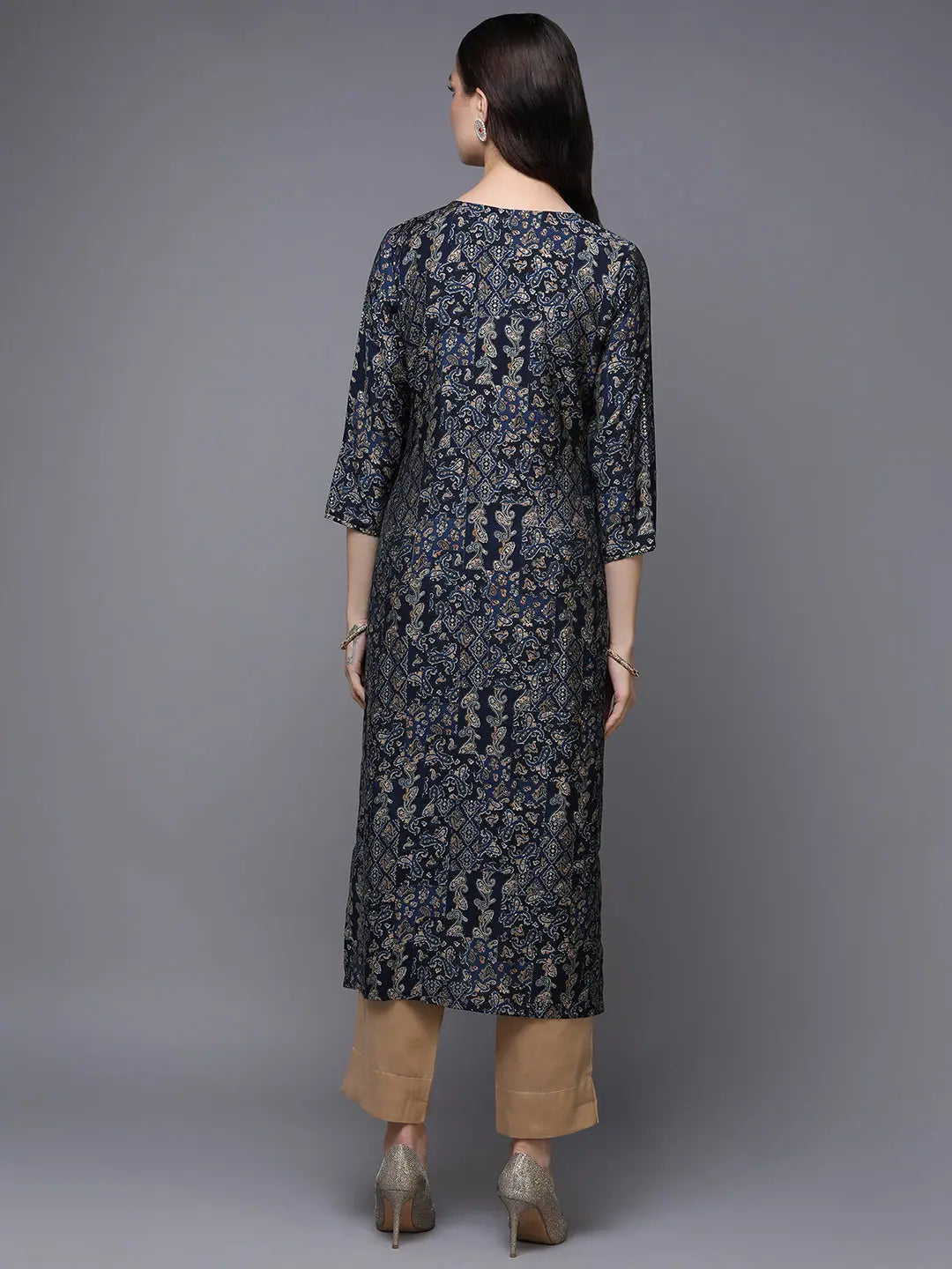 Navy Blue Printed Silk Blend Kurti | Indian Kurtis for Ladies