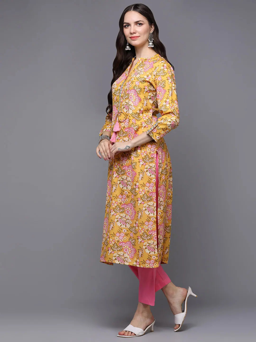 Floral Cotton Indian Kurta - Yellow Printed Kurti for Women