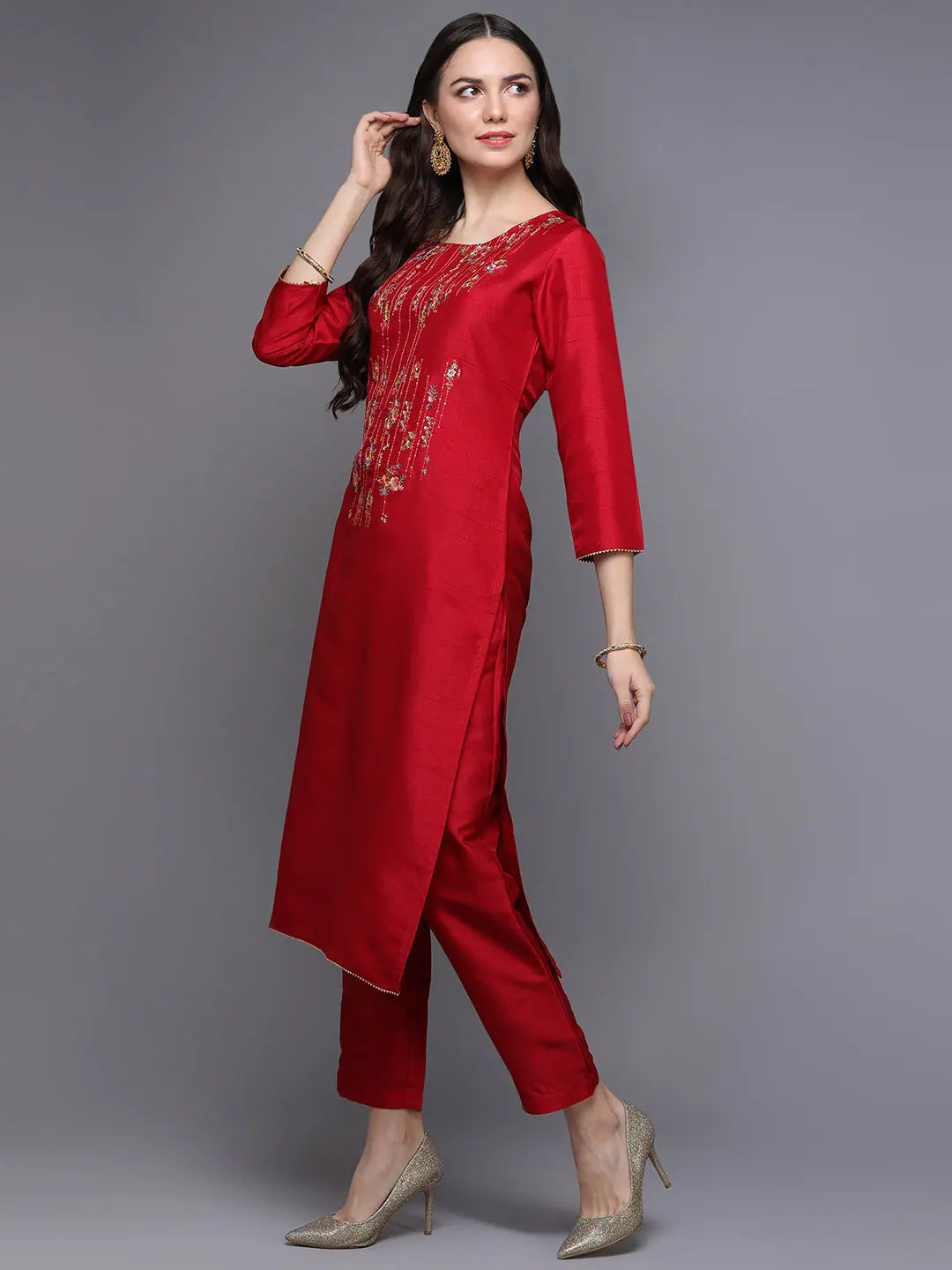 Red Embroidered Silk Blend Indian Kurta for Ladies - VCK9486