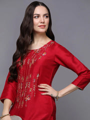 Silk Blend Red Embroidered Straight-VCK9486