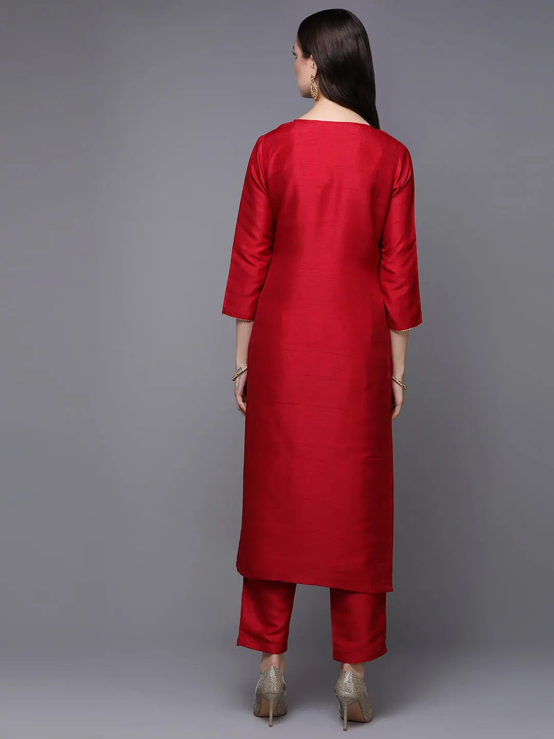 Red Embroidered Silk Blend Indian Kurta for Ladies - VCK9486