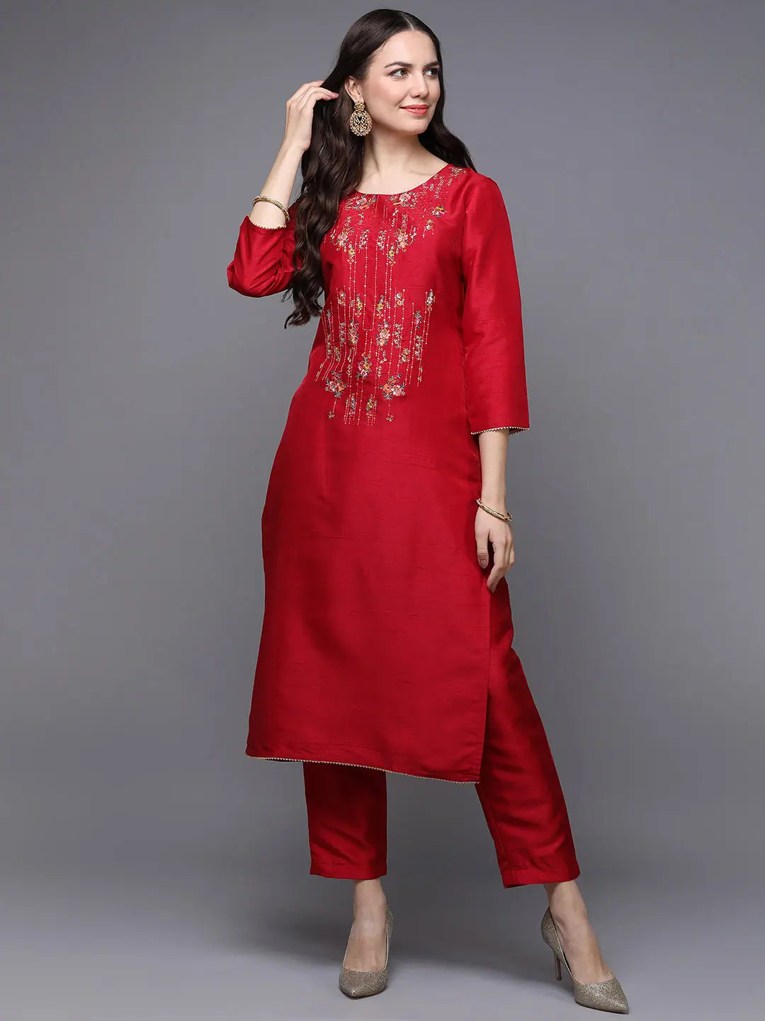 Silk Blend Red Embroidered Straight-VCK9486
