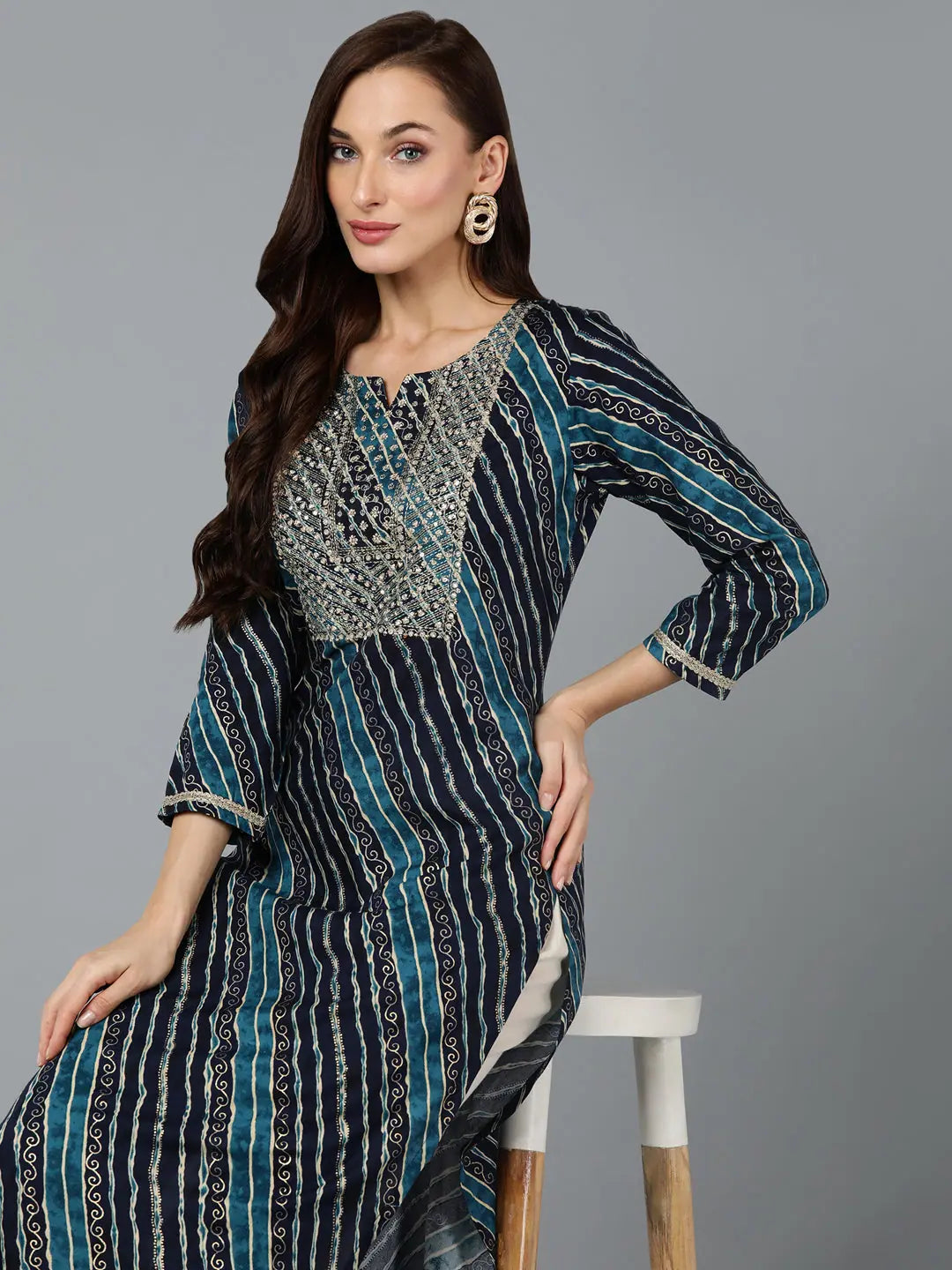 Navy Blue Embroidered Neck Indian Kurta for Women - Kurtas