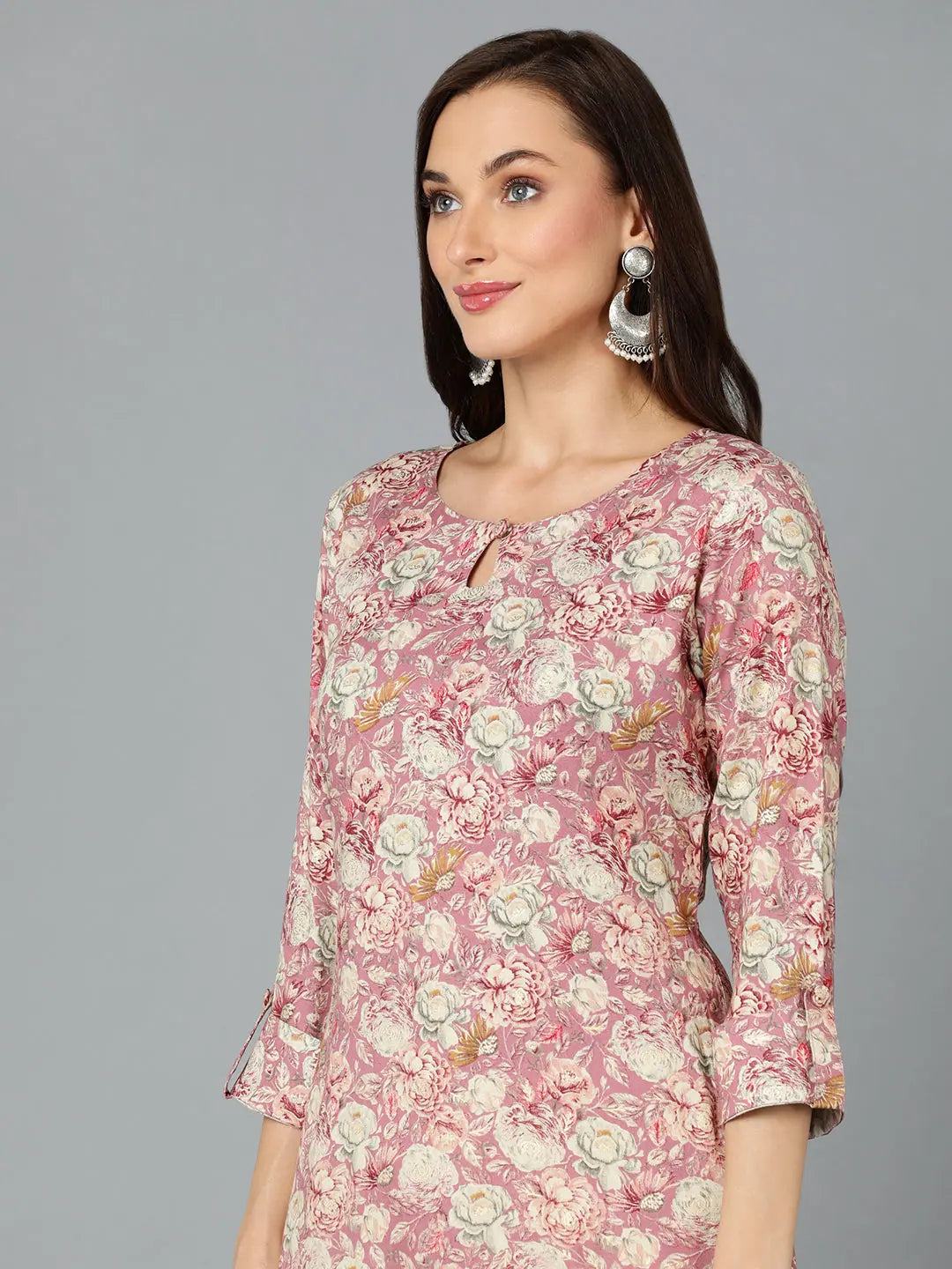 Pink Viscose Rayon Indian Kurta for Women - Printed Kurtis