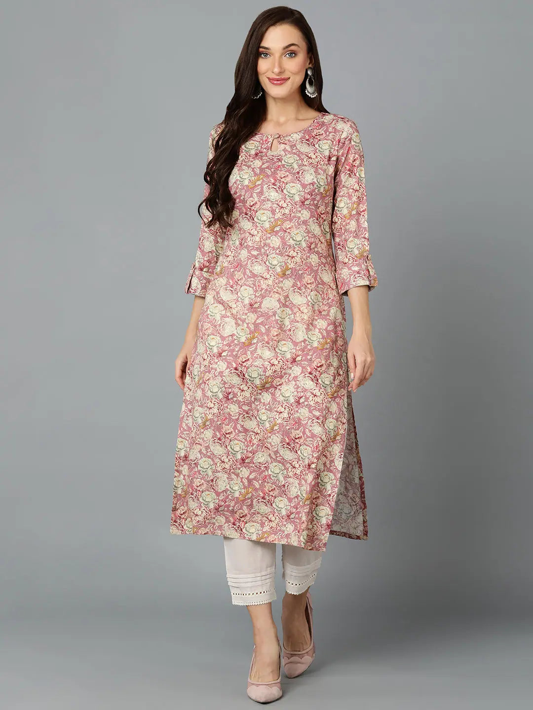 Pink Viscose Rayon Indian Kurta for Women - Printed Kurtis