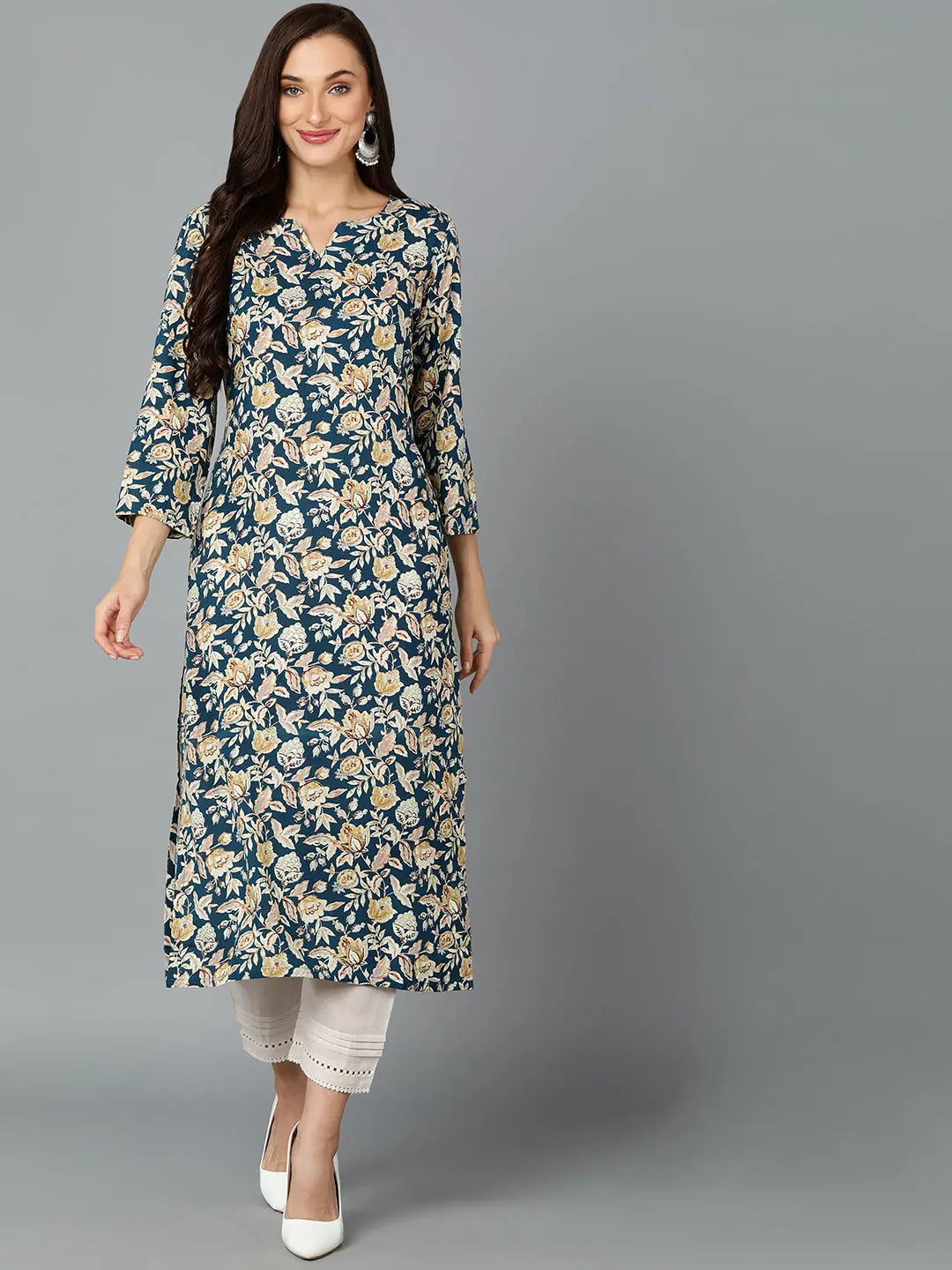 Prussian Blue Printed Viscose Rayon Indian Kurta for Ladies