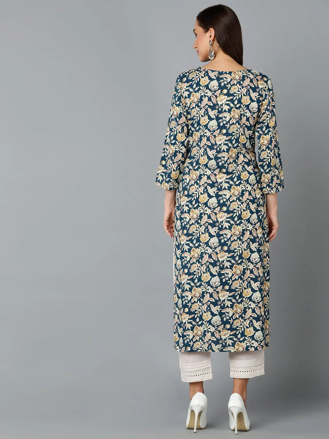 Prussian Blue Printed Viscose Rayon Indian Kurta for Ladies