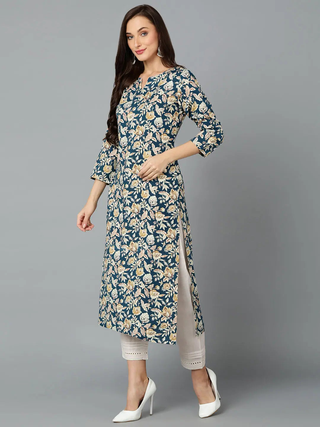 Prussian Blue Printed Viscose Rayon Indian Kurta for Ladies