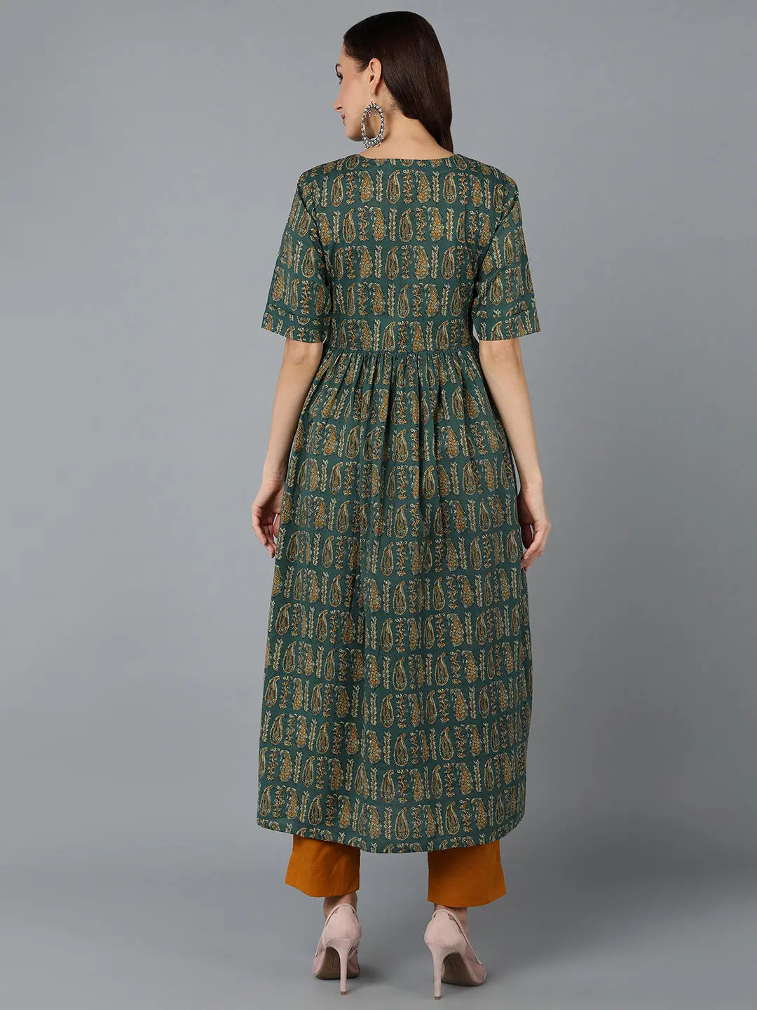 Green Paisley Printed Cotton Flared Indian Kurta for Ladies