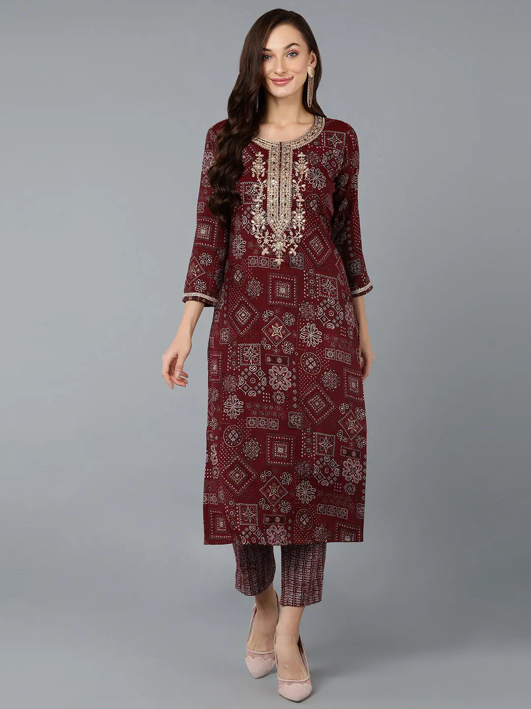 Silk Blend Maroon Embroidered Indian Kurta for Women Online