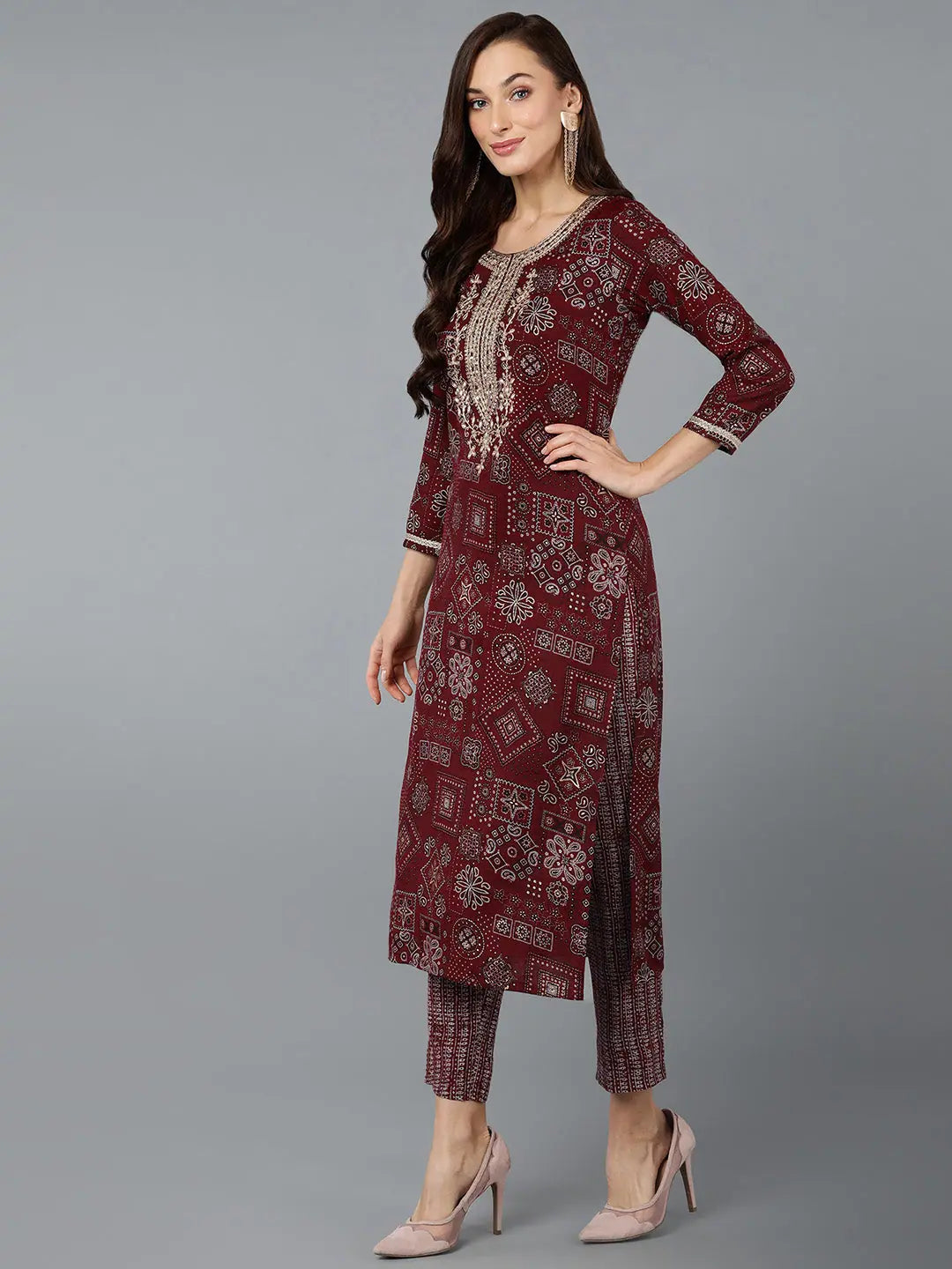 Silk Blend Maroon Embroidered Indian Kurta for Women Online