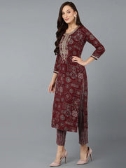Silk Blend Maroon Printed Straight