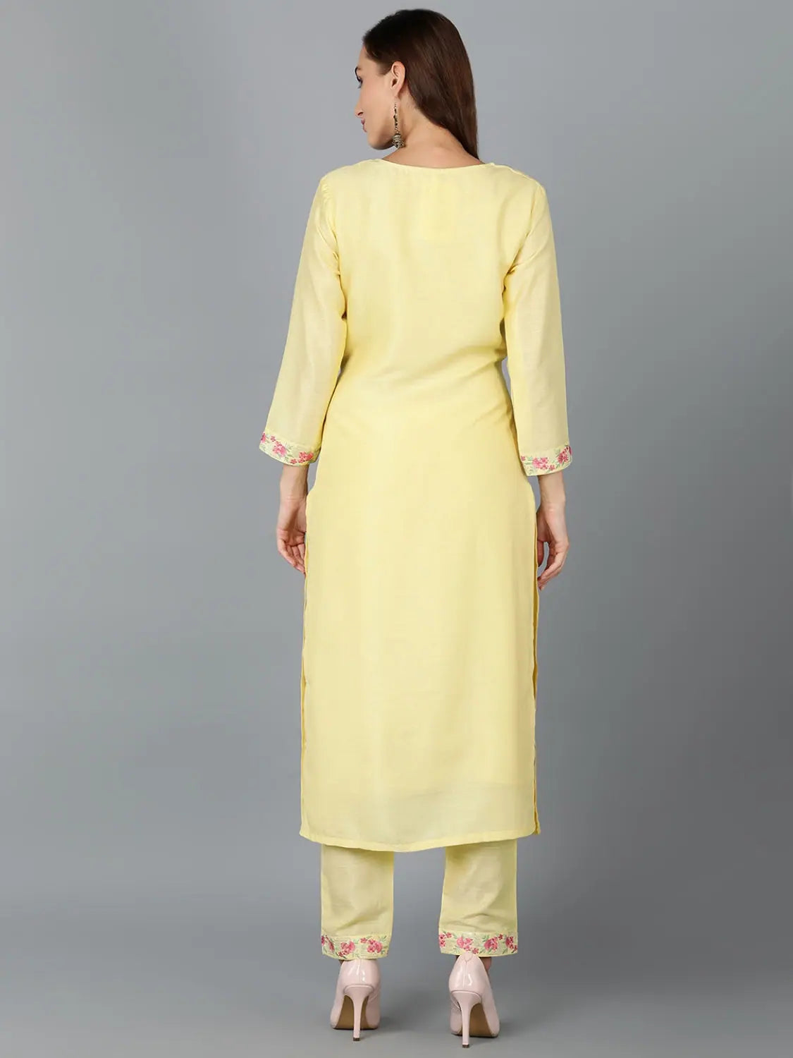Lemon Yellow Embroidered Silk Blend Indian Kurtis Online