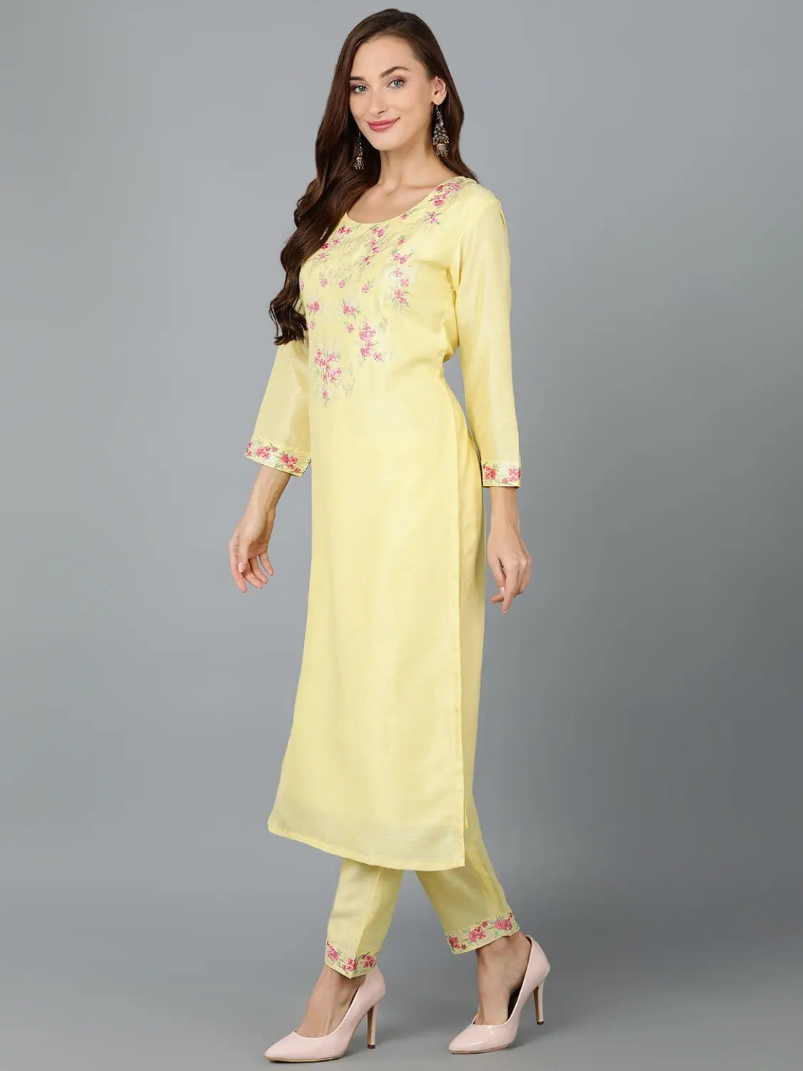 Lemon Yellow Embroidered Silk Blend Indian Kurtis Online