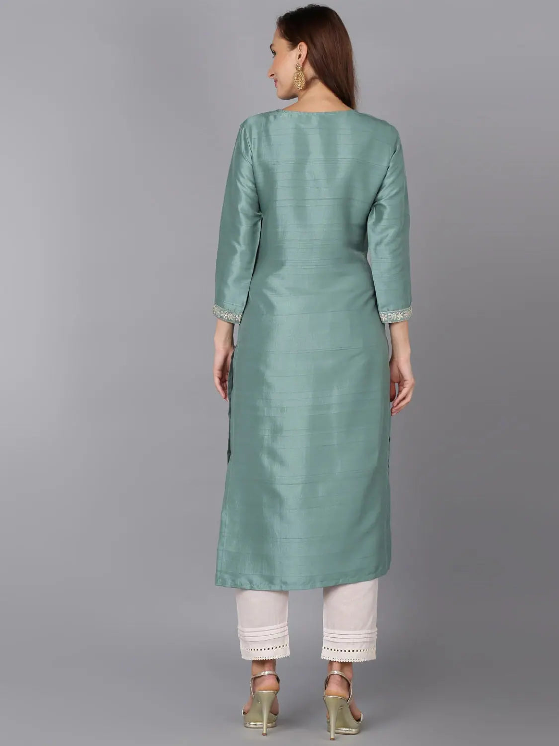Embroidered Silk Blend Indian Kurta - Dark Cyan Kurta for Women