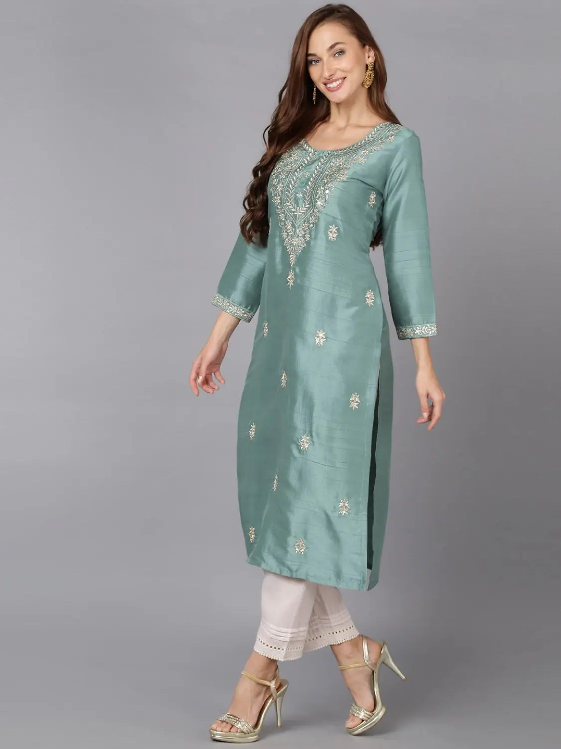 Embroidered Silk Blend Indian Kurta - Dark Cyan Kurta for Women