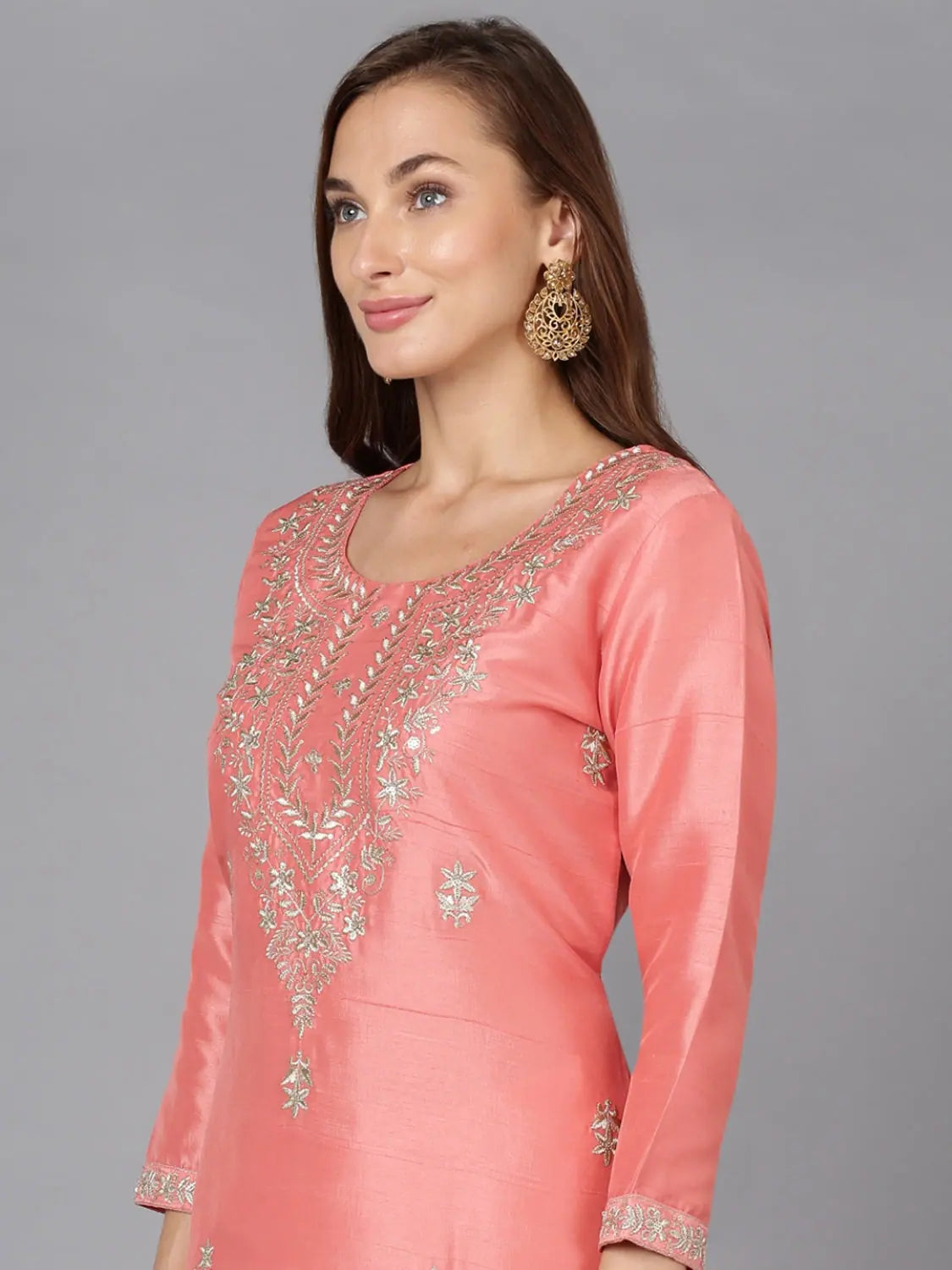 Flamingo Pink Embroidered Indian Kurta for Women - Silk Blend
