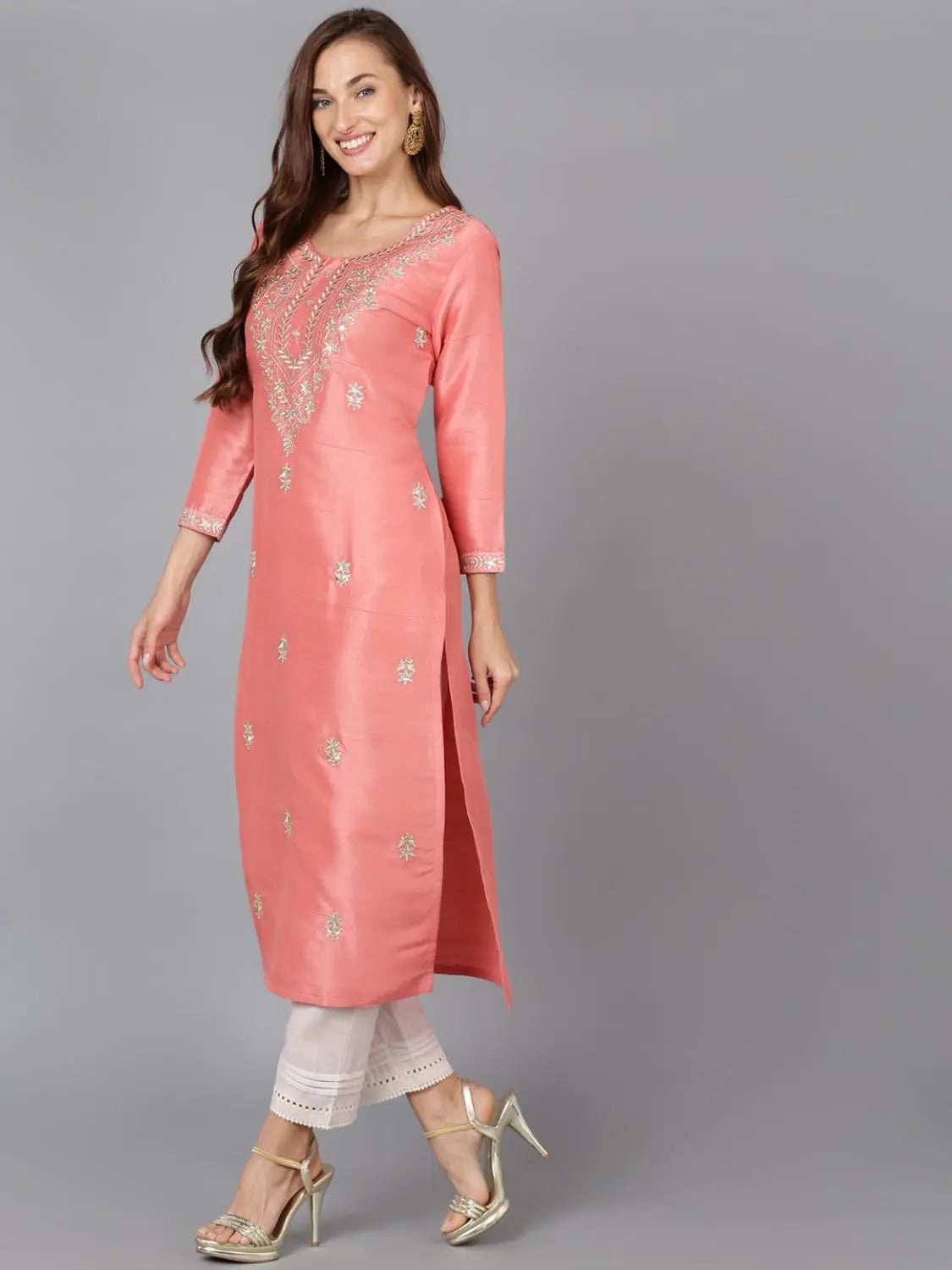 Flamingo Pink Embroidered Indian Kurta for Women - Silk Blend