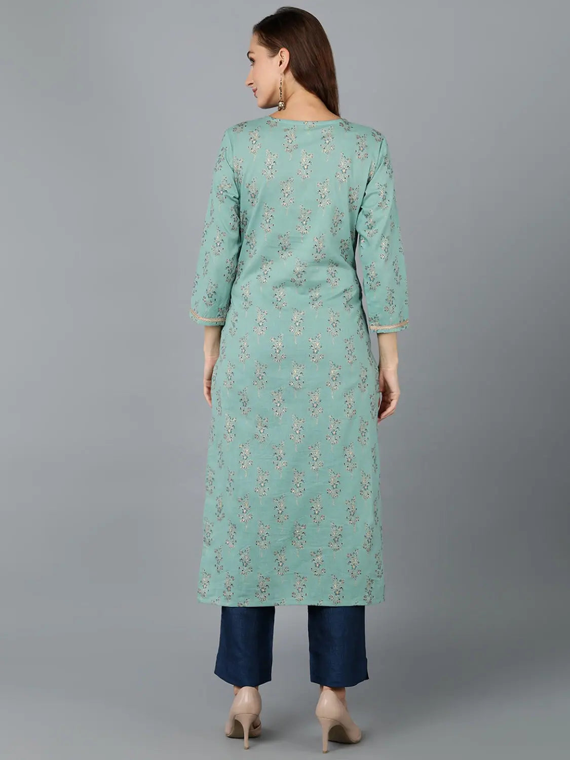 Sea Green Cotton Embroidered Indian Kurta for Women Online