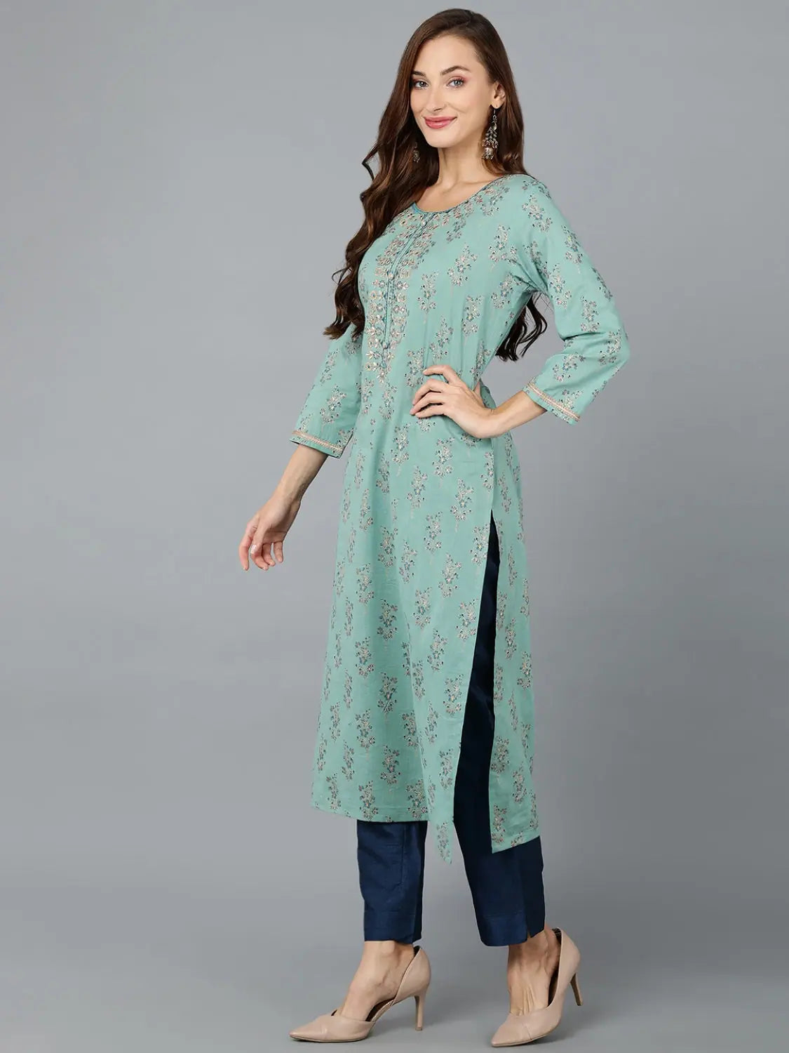 Sea Green Cotton Embroidered Indian Kurta for Women Online