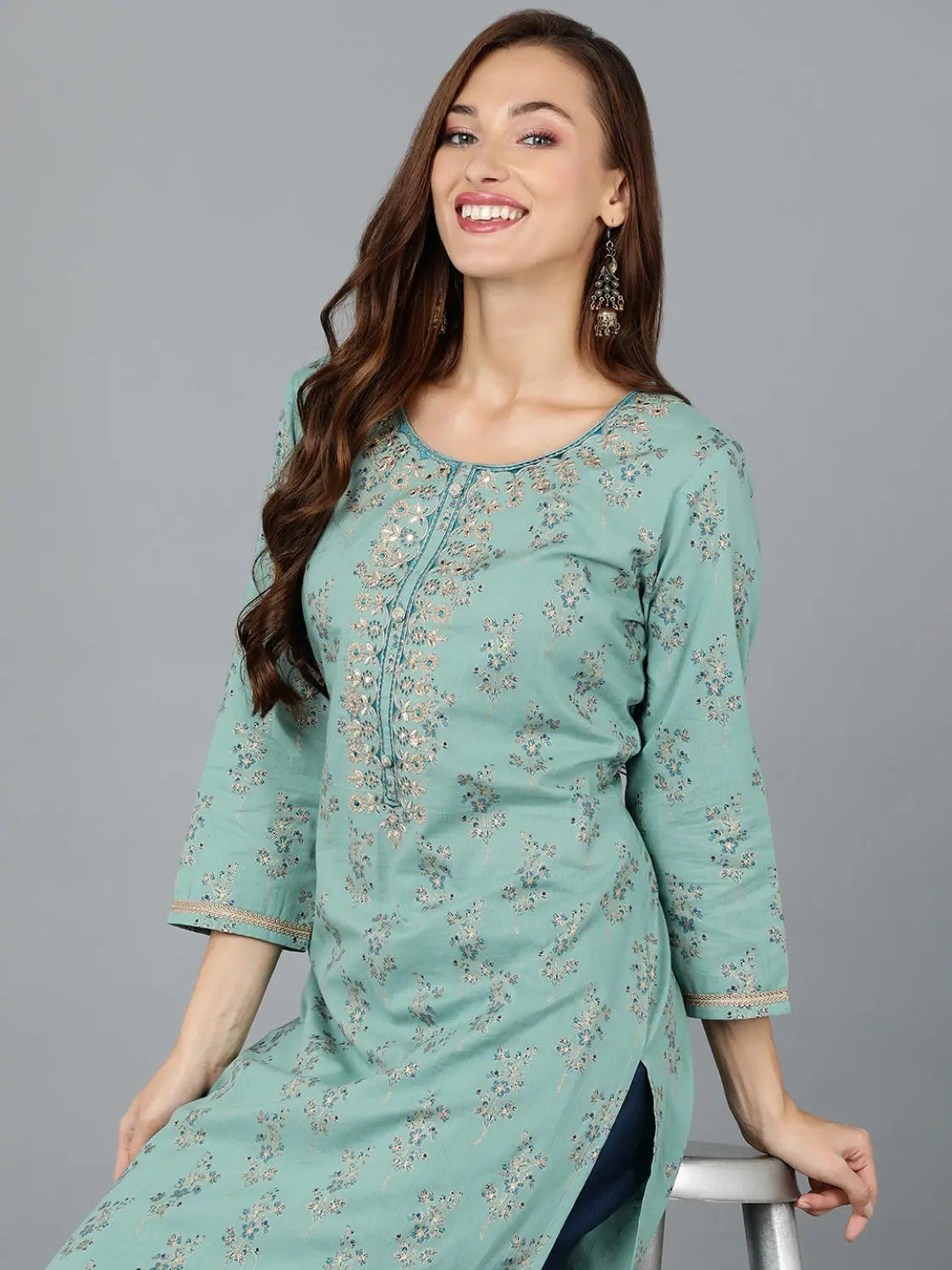 Sea Green Cotton Embroidered Indian Kurta for Women Online