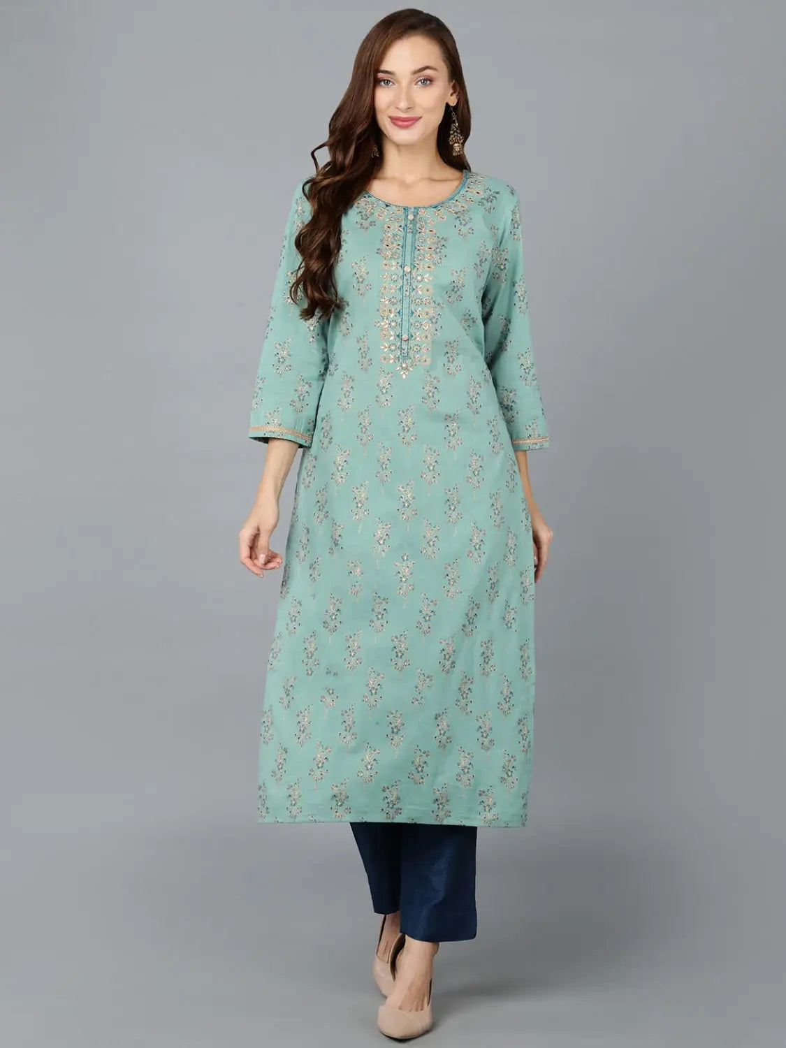 Sea Green Cotton Embroidered Indian Kurta for Women Online