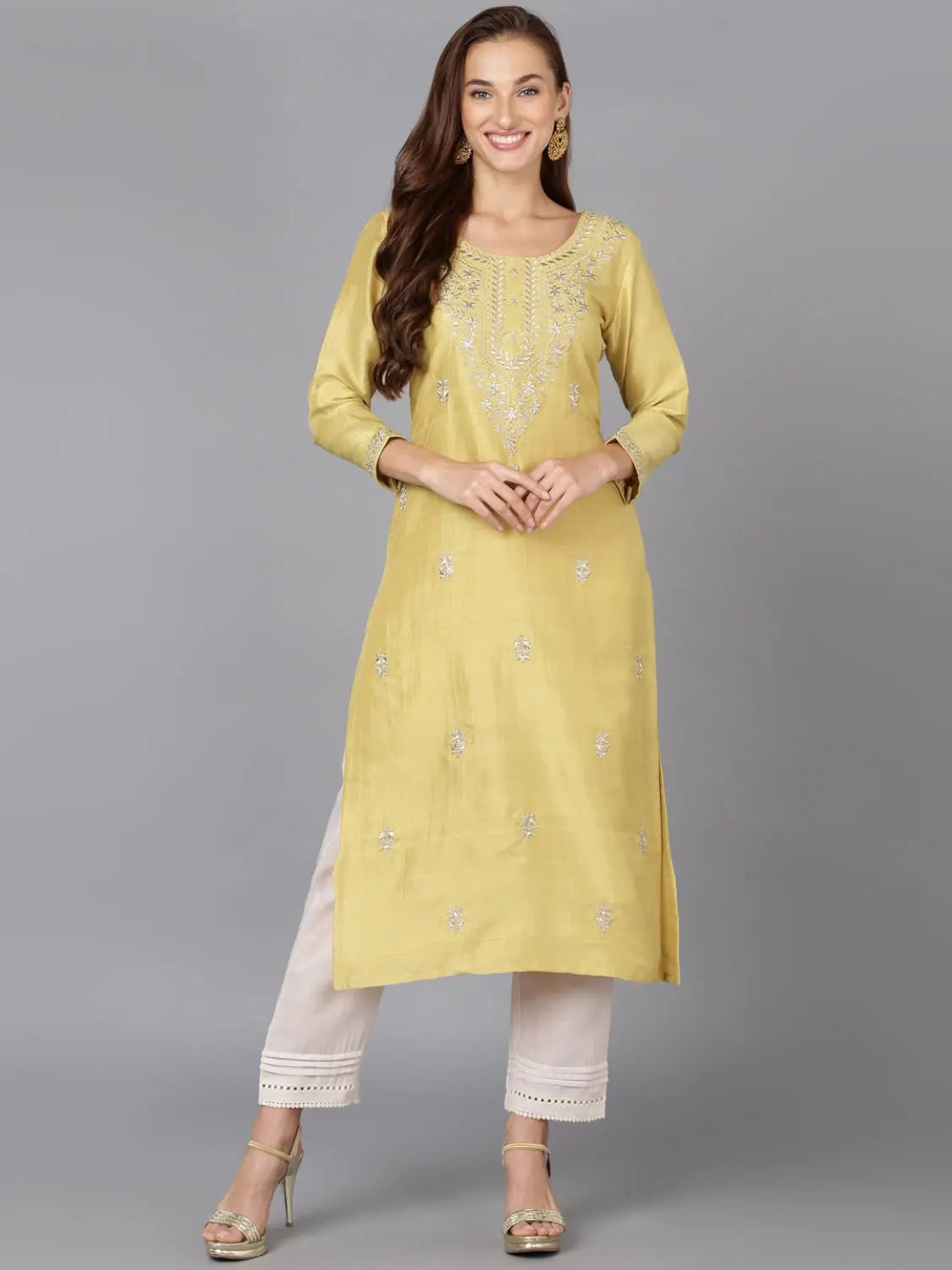 Yellow Silk Blend Embroidered Indian Kurta for Ladies Online