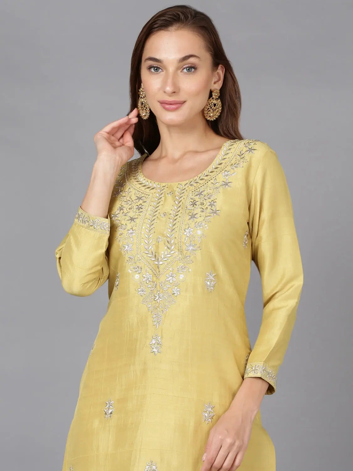 Yellow Silk Blend Embroidered Indian Kurta for Ladies Online