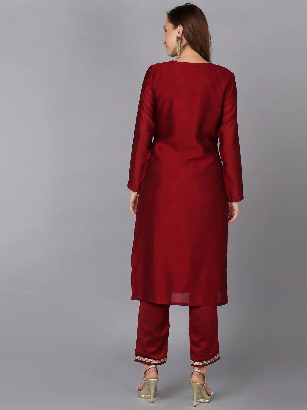 Burgundy Embroidered Silk Blend Festive Indian Kurta for Women