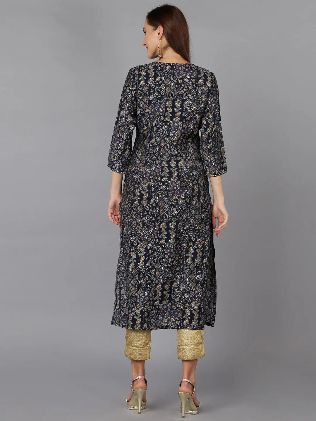 Navy Blue Printed Indian Kurta - Embroidered Cotton Blend