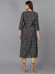 Navy Blue Cotton Blend Printed