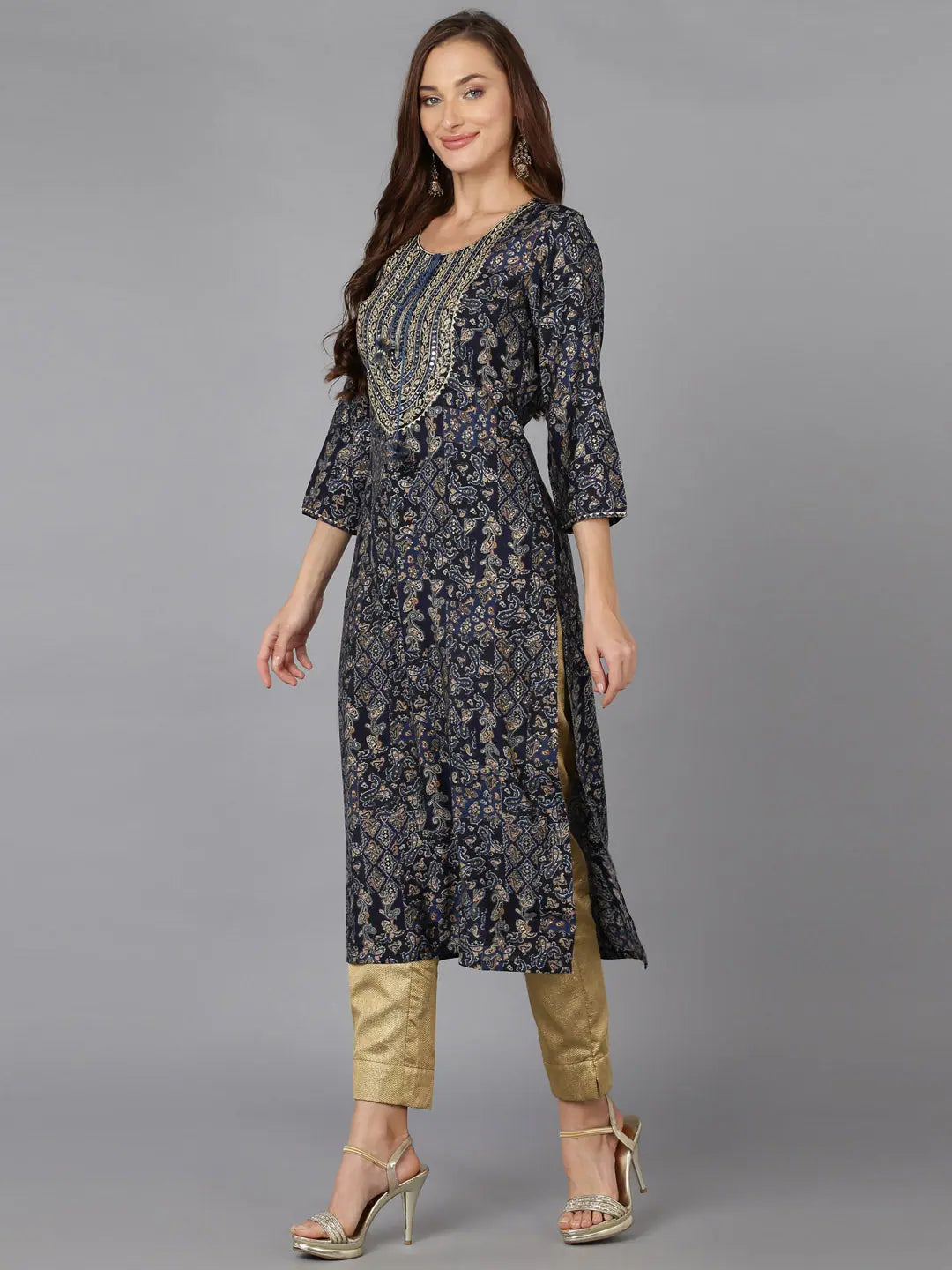 Navy Blue Printed Indian Kurta - Embroidered Cotton Blend