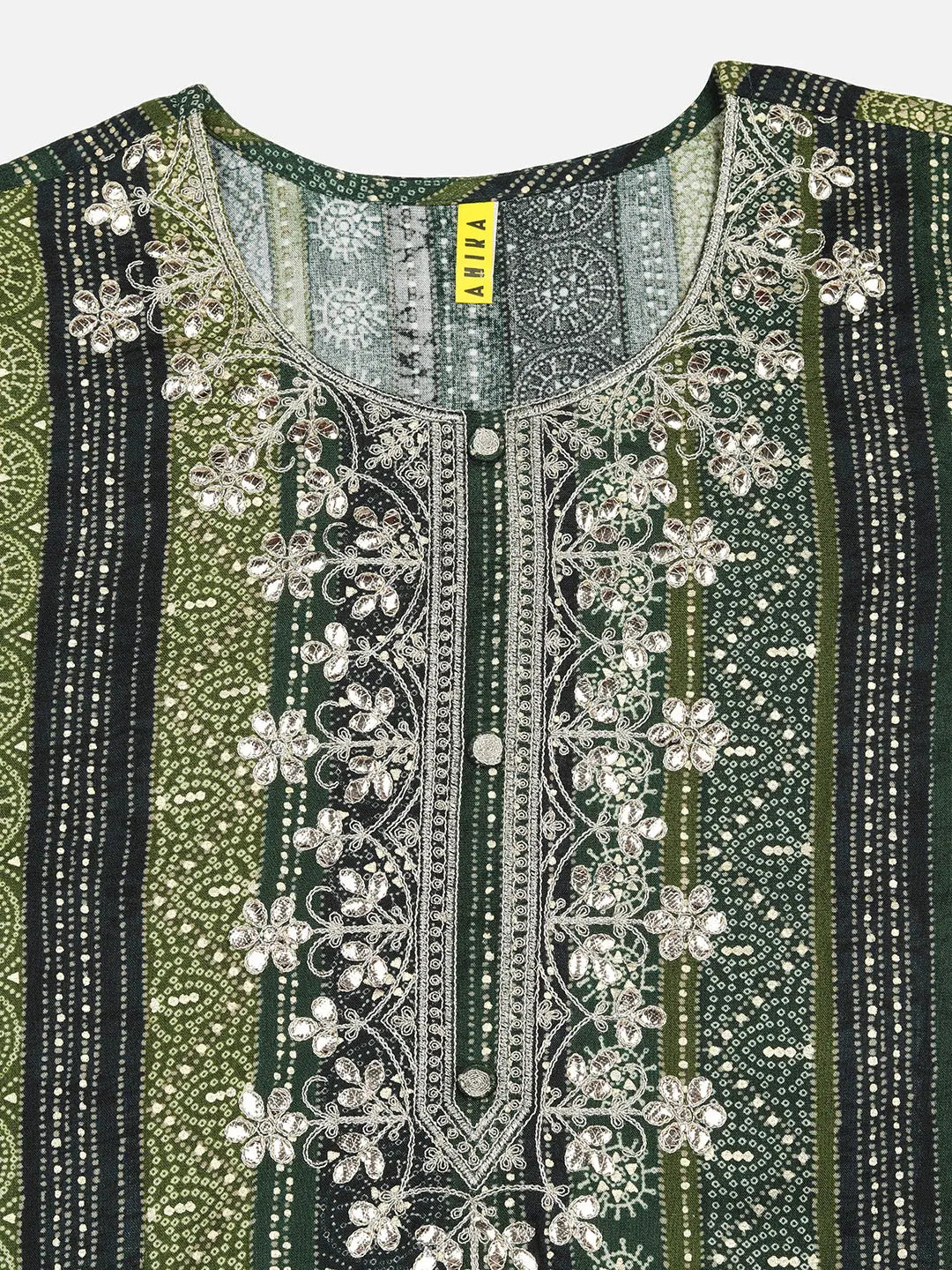 Green Printed Viscose Rayon Indian Kurta - Embroidered Detail