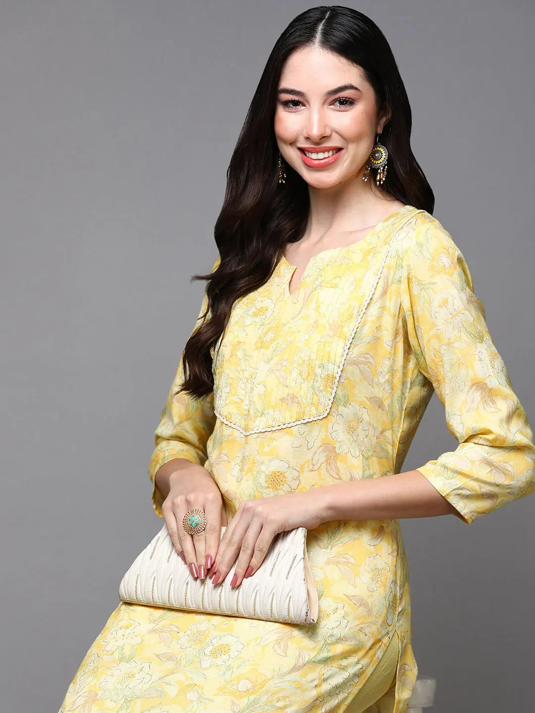 Cotton Blend Floral Printed Indian Kurta for Ladies- Yellow Hue
